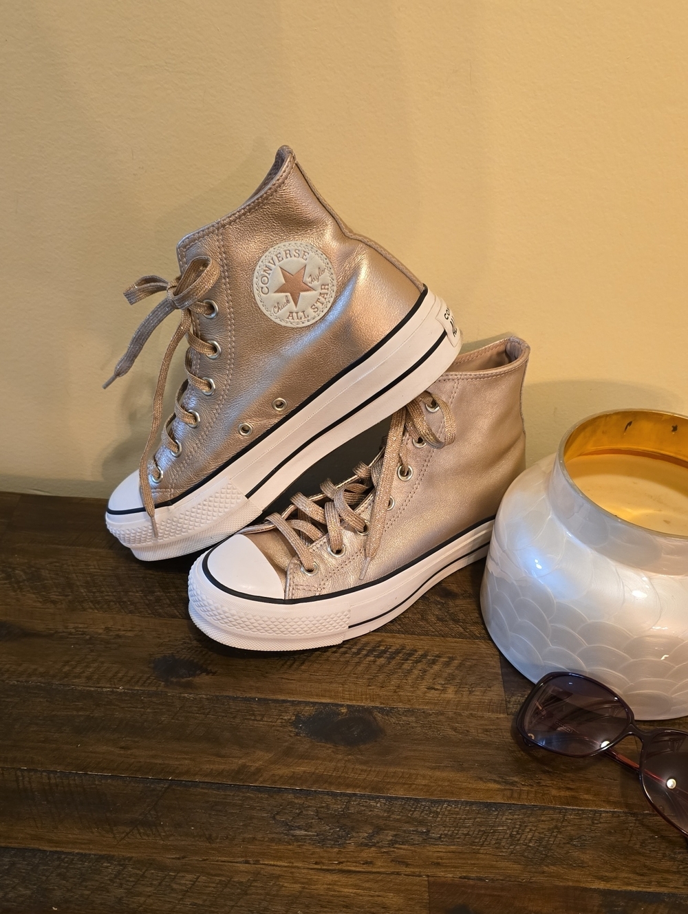 Women Converse Leather High Top Platform Sneakers in Metallic Rose - Picture 3 of 10